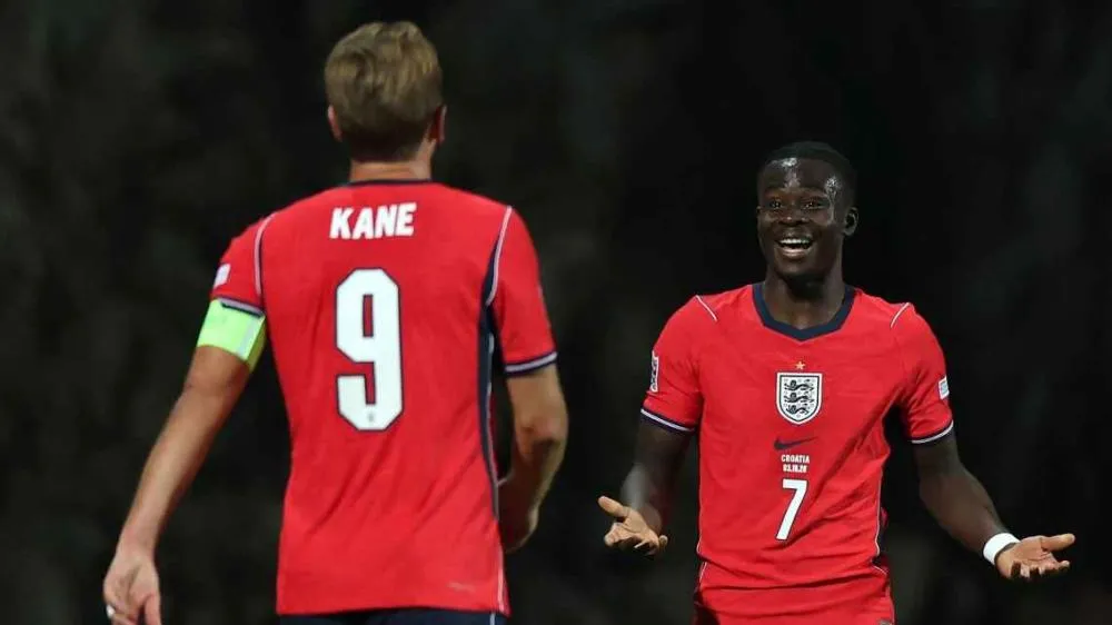 Kane e Saka comemoram gol da Inglaterra contra a Croácia Eddie Keogh - The FA/The FA via Getty Images