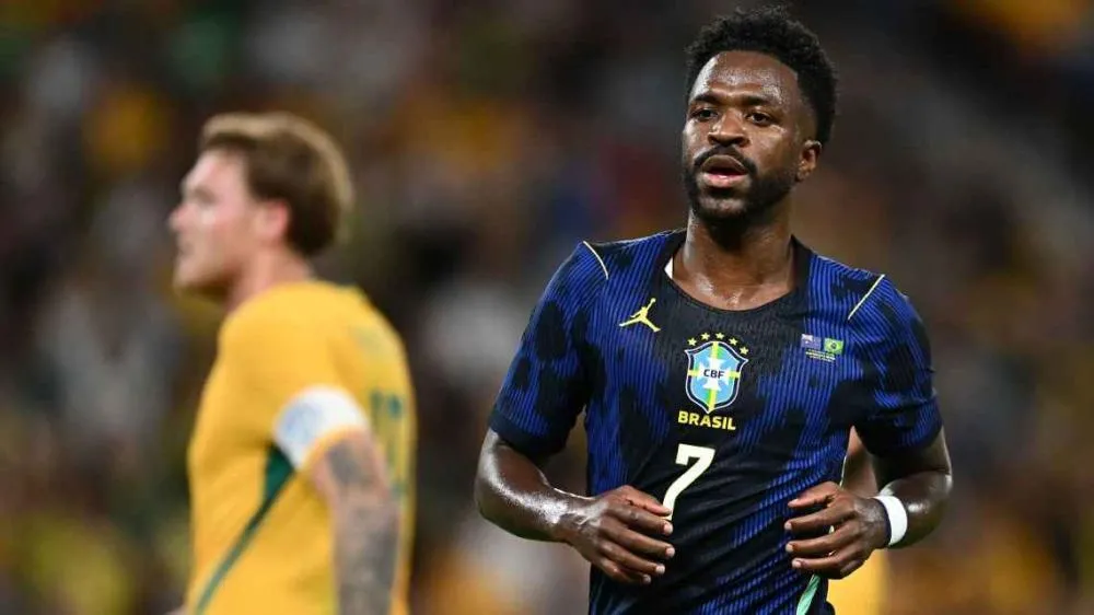 Vini Jr em lance pela Seleção Brasileira contra a Austrália Albert Perez/Getty Images